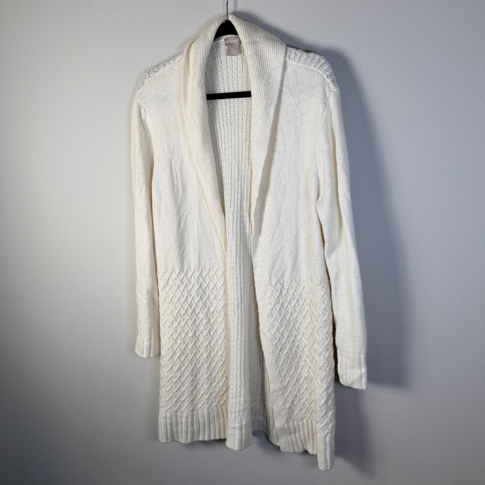 Chicos Womens 2/L Cream Cable Knit Shawl Collar Long Cardigan Sweater Duster Y2K - Picture 2 of 7